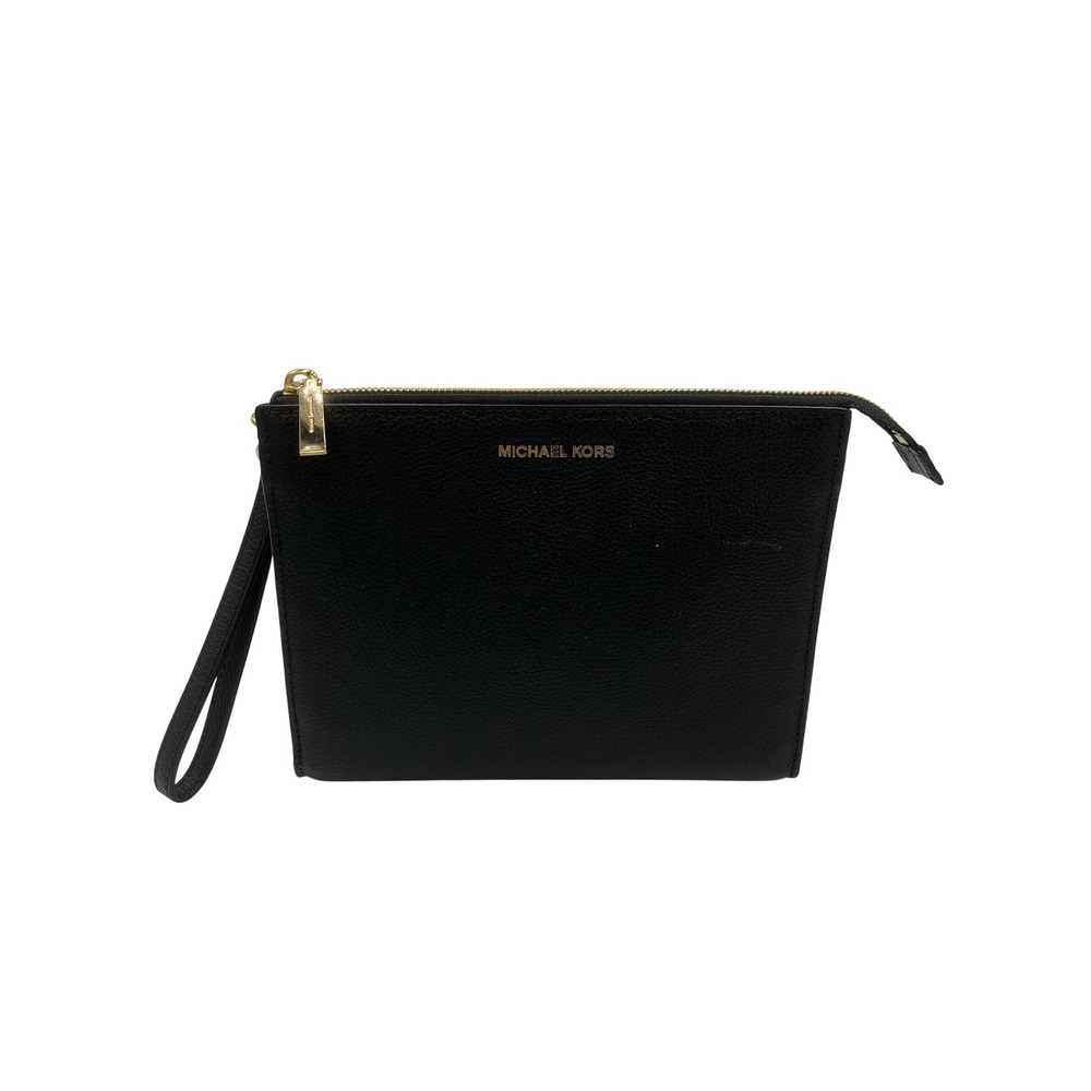 Michael Kors Black Pebbled Leather Wristlet Clutch Bag 32S7GM9U2L Gold Hardware